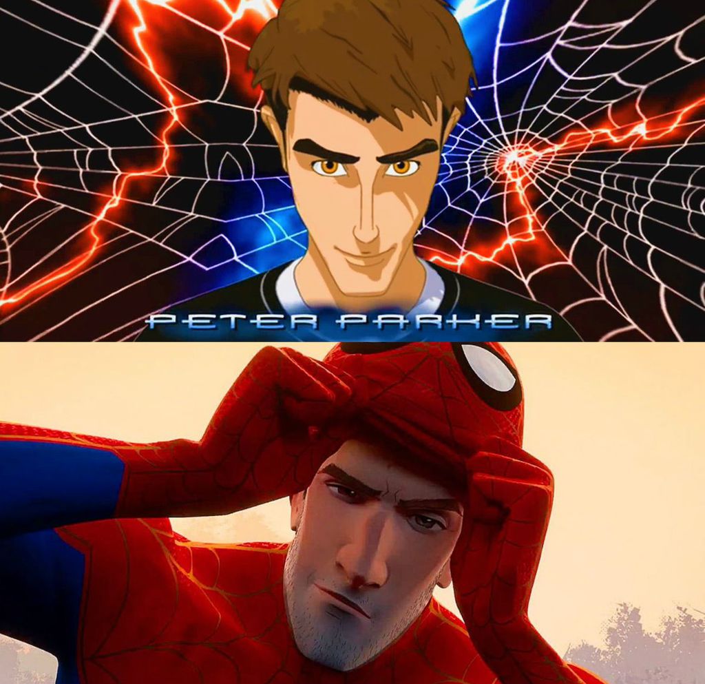 Acima, o Peter Parker de Homem-Aranha 2003 e, abaixo, o Peter de Homem-Aranha no Aranhaverso (Imagem: Reprodução/Sony Pictures Animation)