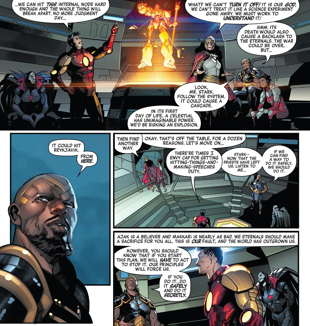 Homem de Ferro que confessa que inveja a forma com que o Capitão América inspira as pessoas com seus discursos (Imagem: Reprodução/Marvel Comics)