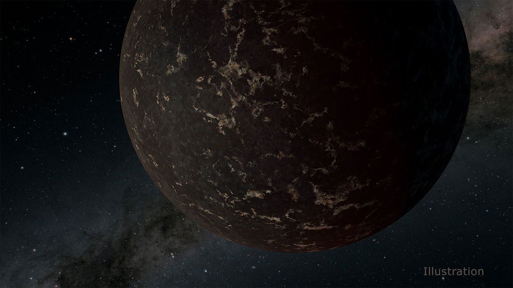 Ilustração de um artista que retrata o exoplaneta LHS 3844b. Imagem: NASA/JPL-Caltech/R. Hurt (IPAC)
