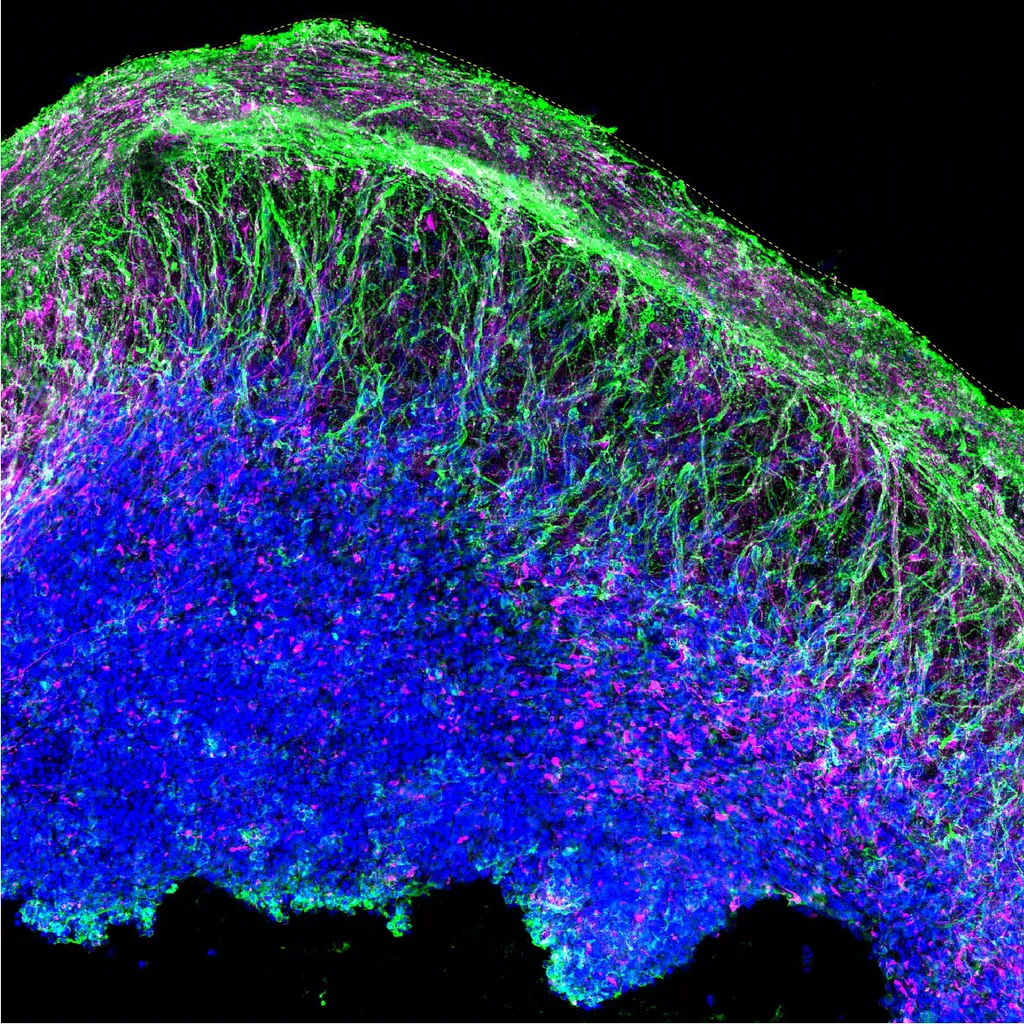 Estruturas neurais presentes no organoide, que reproduziu o córtex cerebral, onde foram realizados testes em relação ao autismo (Imagem: Wang et al./Nature Communications)