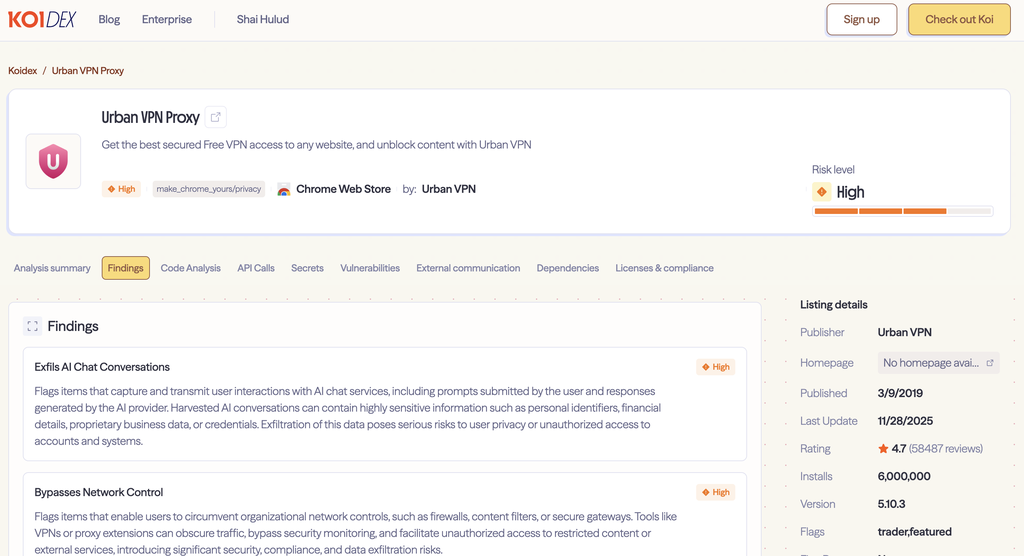 Pesquisadores de segurança elaboraram um relatório sobre os riscos oferecidos pela Urban VPN (Imagem: Koi Security)