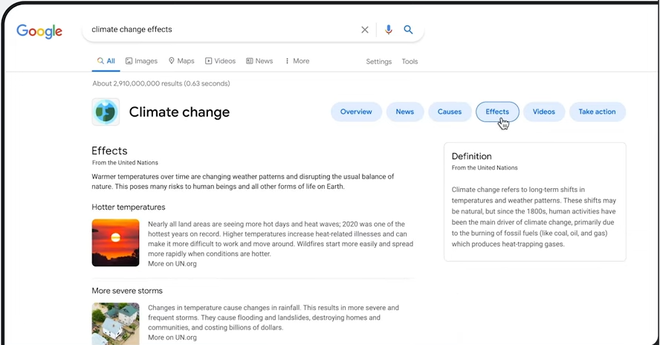 Google trará várias informações de fontes confiáveis sobre as mudanças climáticas (Imagem: Reprodução/Google)