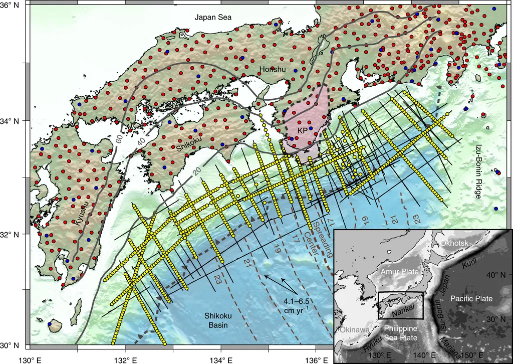 Zona de subducção de Nankai, no sudoeste do Japão. A região avermelhada indica a localização do plutão de Kumano (Imagem: Reprodução/Adrien Arnulf et al.)