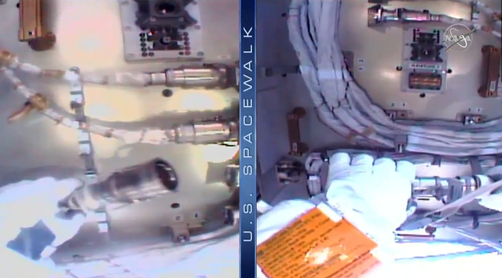 Imagens das câmeras no capacete de Glover e Hopkins durante os procedimentos (Imagem: Reprodução/NASA)