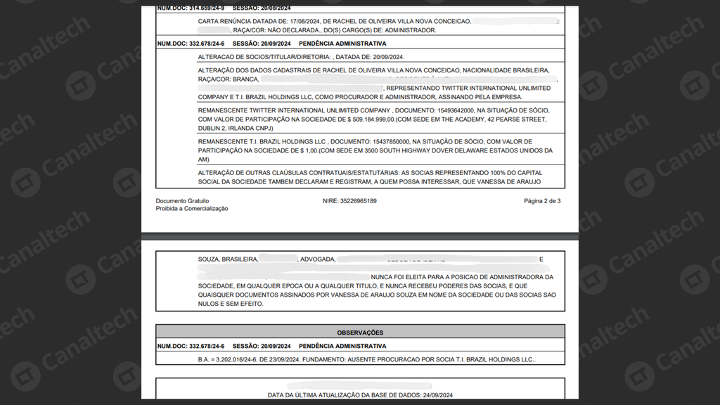 Ficha cadastral do X Brasil cita Rachel de Olvieira Villa Nova Conceição como representante e indica pendência administrativa por ausência de procuração (Imagem: Captura de tela/Bruno De Blasi/Canaltech)