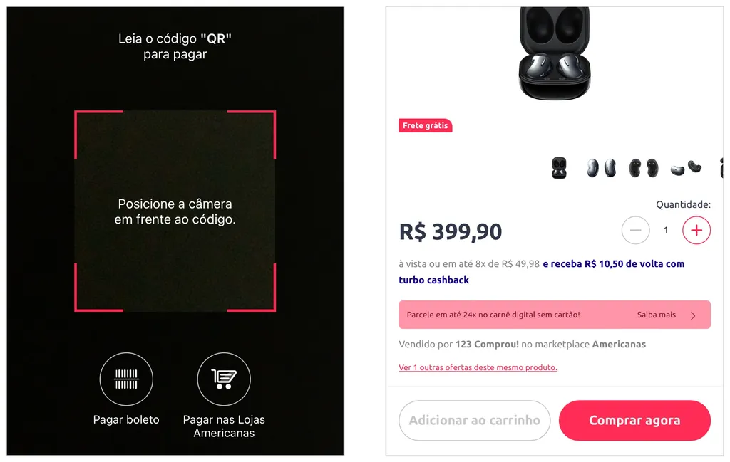 Ame Digital tem botão de shopping e leitura de QR Code em lojas parceiras (Captura de tela: André Magalhães)