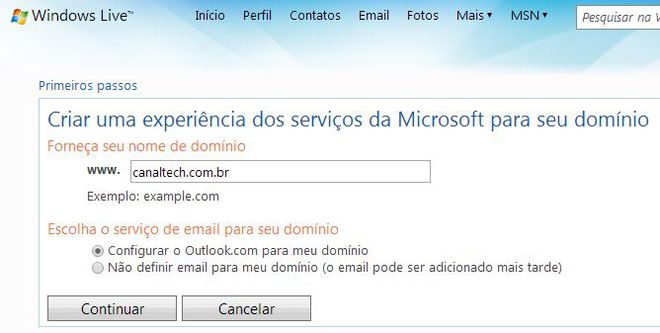Windows Live Admin Center - Configurando domínio