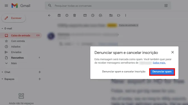 Você também pode denunciar um e-mail como Spam para deixar de receber mensagens semelhantes (Captura de tela: Canaltech/Felipe Freitas)