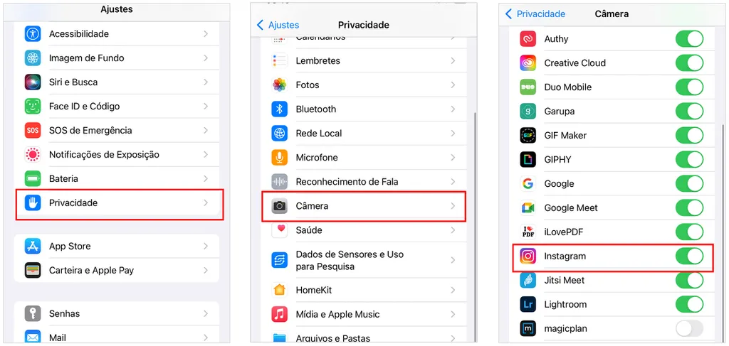 Confira a lista de apps com acesso à câmera no iPhone e ative o uso para o Instagram (Captura de tela: André Magalhães)