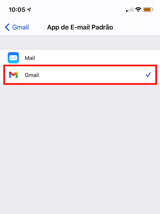 Selecione o Gmail como seu app de e-mail padrão do iOS. Captura de tela: Lucas Wetten (Canaltech)