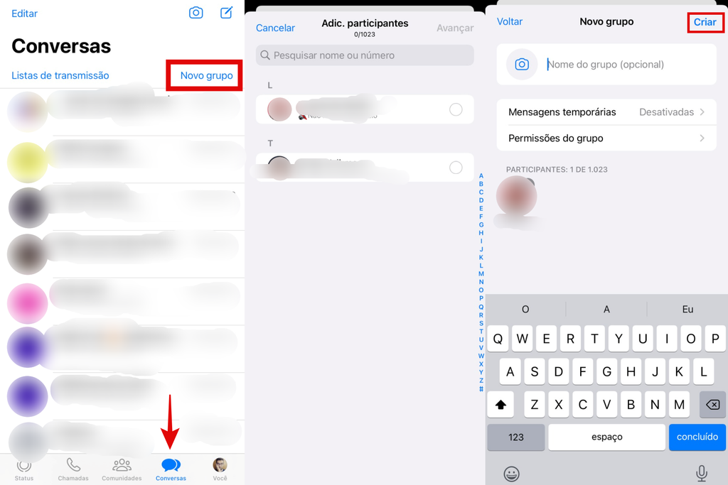 Como criar grupo no WhatsApp pelo aplicativo para iPhone (Imagem: Captura de tela/Guilherme Haas/Canaltech)