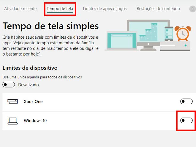 Na aba "Tempo de tela", habilite a opção "Windows 10" (Captura de tela: Matheus Bigogno)