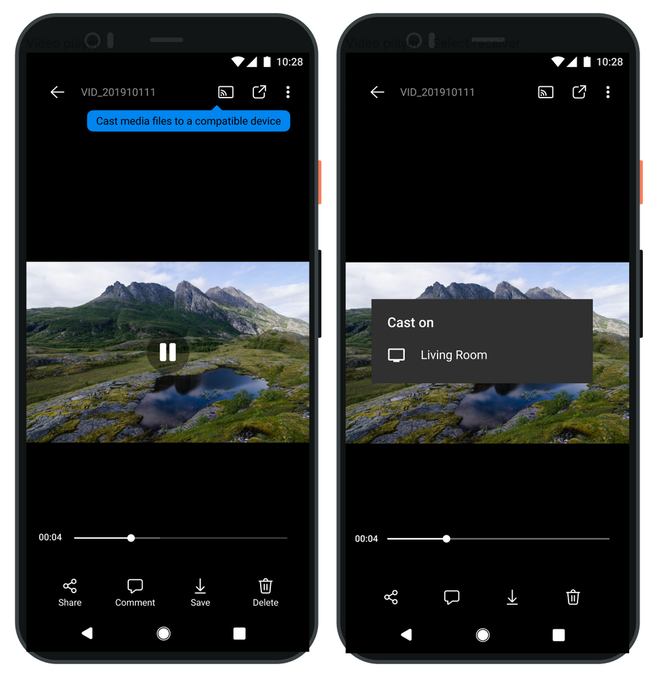 Com um toque no ícone, dá para espelhar a imagem no celular direto no Chromecast via OneDrive (Imagem: Divulgação/Microsoft)