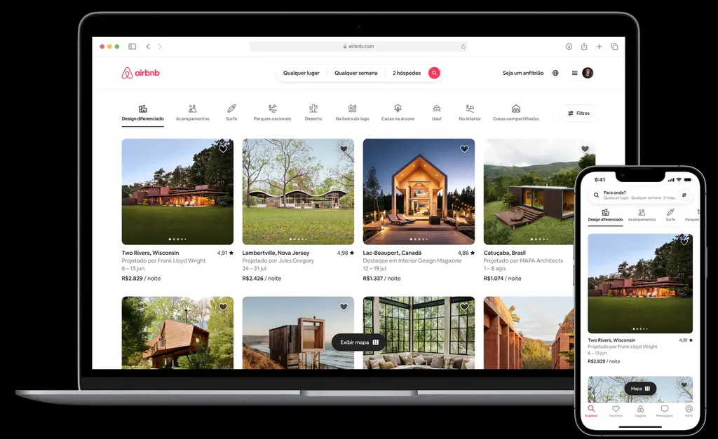 O foco do layout do Airbnb muda do destino da viagem para a descoberta de imóveis alinhados ao gosto do hóspede (Imagem: Reprodução/Airbnb)