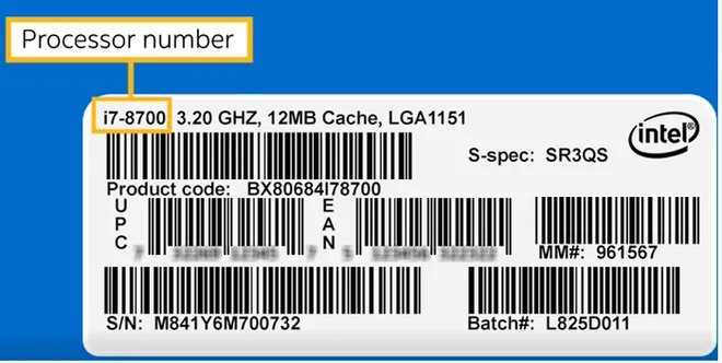 A etiqueta da caixa mostra o nome do processador e outras informações importantes, como no exemplo do Core i7 8700, membro da 8ª geração (Imagem: Reprodução/Intel)