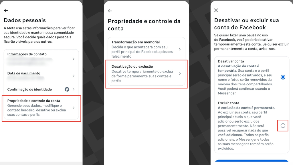 Passos para excluir conta pelo Facebook Lite