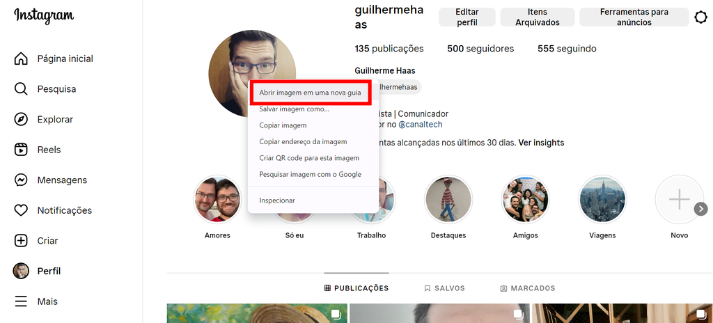Na versão web, é possível ver a foto de perfil do Instagram em destaque com o clique com o botão secundário do mouse (Imagem: Captura de tela/Guilherme Haas/Canaltech)