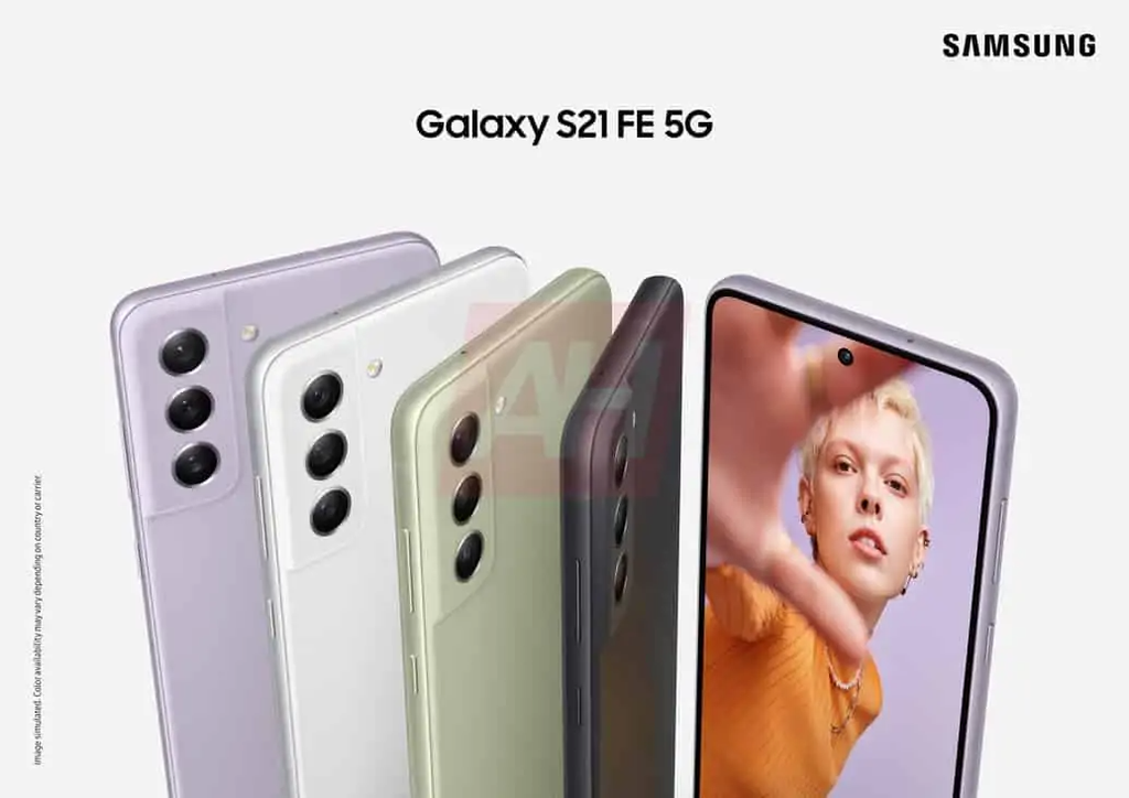 Materiais de divulgação vazados mostram as cores do Galaxy S21 FE, tendo entre as opções a tonalidade do aparelho publicado pela Samsung no Instagram (Imagem: Android Headlines)