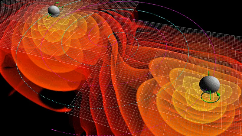 Representación de objetos masivos orbitando entre sí y provocando ondas gravitacionales (Imagen: Reproducción/C. Henze/NASA Ames Research Center)