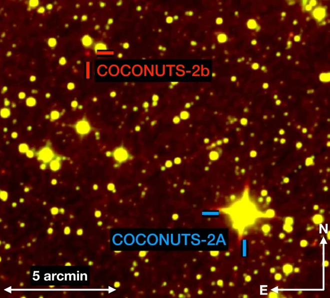COCONUTS-2b, o ponto vermelho à esquerda, em foto registrada via observação direta (Imagem: Reprodução/Zhang et al.)