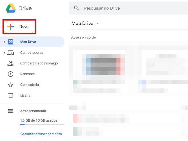 Abra o Google Drive e, no canto superior esquerdo, clique em "Novo" (Captura de tela: Matheus Bigogno)