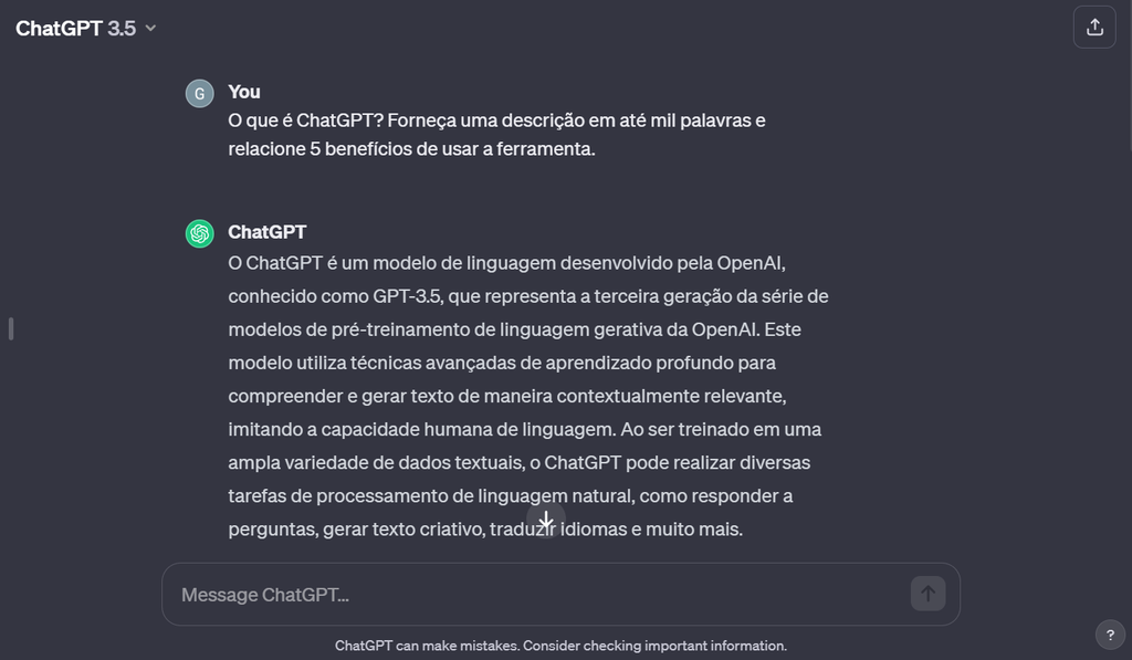 Exemplo de consulta no ChatGPT (Imagem: Captura de tela/Guilherme Haas/Canaltech)