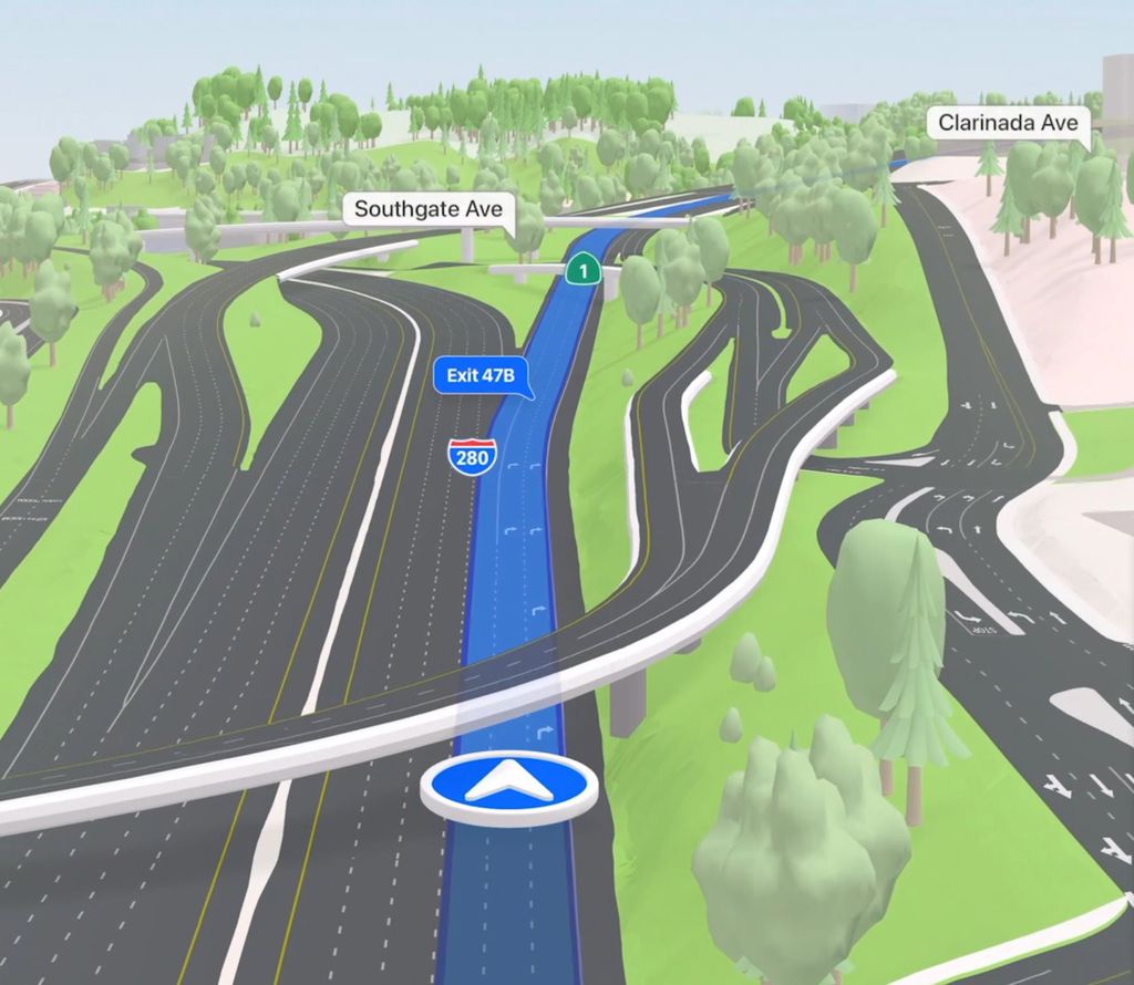 A representação de avenidas com separação de faixas e renderização precisa de viadutos facilita a vida de motoristas (Imagem: Reprodução/Apple)