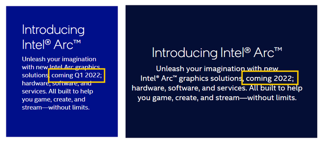 Página da Intel em dezembro de 2021 (à esq.) e em janeiro de 2022 (à dir.); menções ao antigo prazo de lançamento foram removidas (Imagem: Reprodução/VideoCardz)