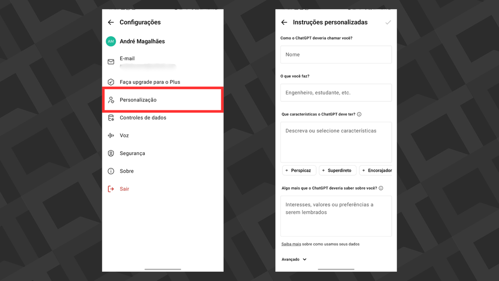 Capturas do processo de instruções personalizadas do ChatGPT
