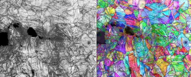 Imagens microscópicas da deformação da estrutura cristalina que aumenta a resistência à fratura (Imagem: Reprodução Berkeley Lab)