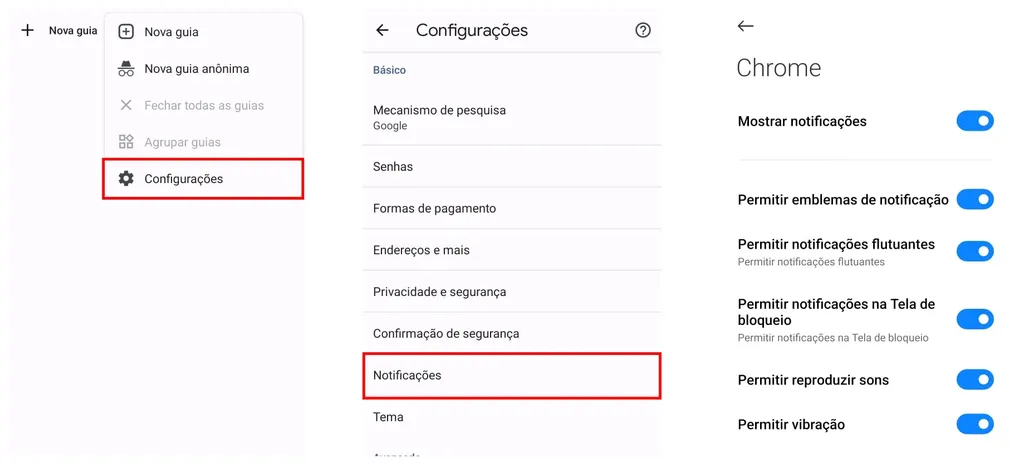 Desative notificações do Google Chrome através da aba "Configurações" (Captura de tela: Canaltech/Rodrigo Folter)