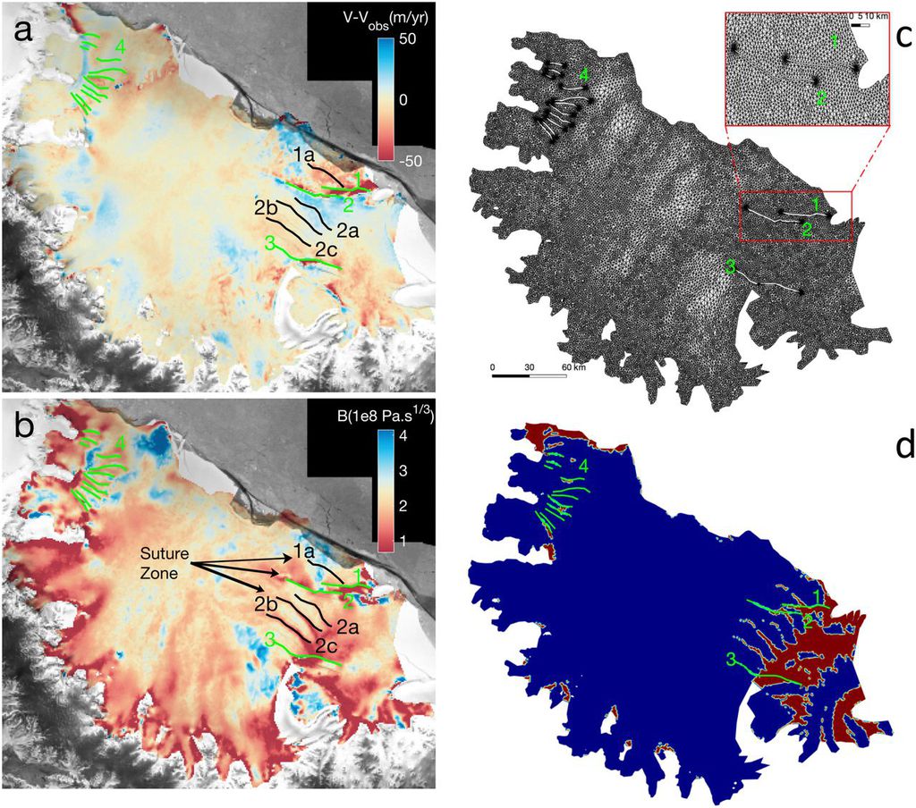 A plataforma de gelo Larsen, na Antártida, foi usada para modelar os possíveis cenários com a perda da cola gealda (Imagem: Reprodução/Eric Rignot et al./PNAS)