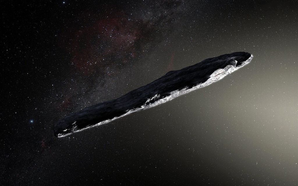 Arte imagina como seria o aspecto do Oumuamua, com seu formato alongado como se fosse um charuto espacial