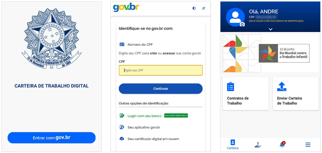 Faça login com o portal Gov.br para acessar a CTPS Digital via app (Imagem: Captura de tela/André Magalhães/Canaltech)