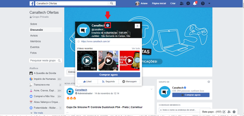O símbolo de check azul ao lado do nome da página mostra sua veracidade no Facebook (Captura de tela: Ariane Velasco)