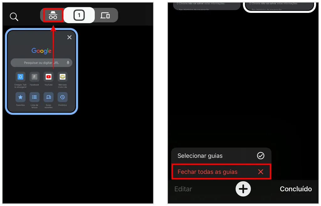 Google Chrome permite sair da guia anônima no celular (Imagem: Captural de tela/Caio Carvalho/Canaltech)