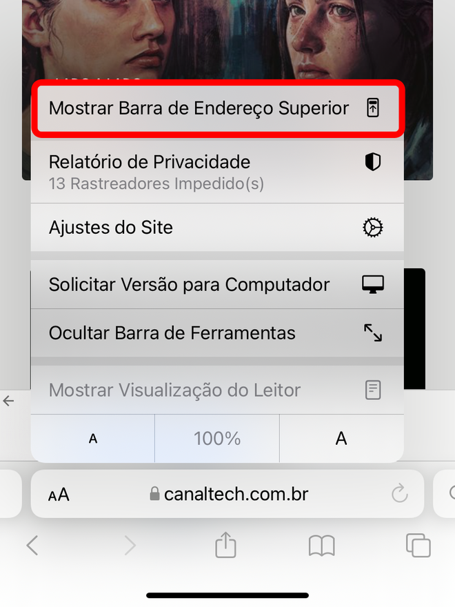 Toque no botão indicado para ajustar a barra de endereço de volta ao topo - Captura de tela: Thiago Furquim (Canaltech)