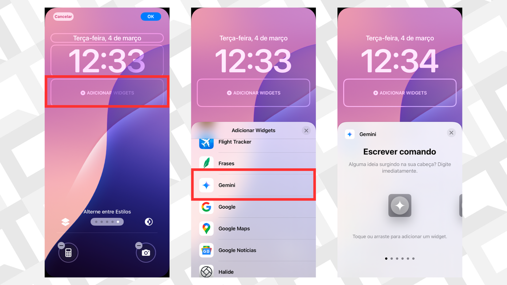 Capturas de tela com o caminho para adicionar widgets do Gemini na tela de bloqueio do iOS