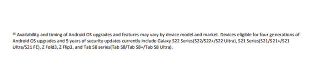 Nota de rodapé destaca quatro anos de atualização do Android para Galaxy S22, S21, Z Fold 3, Z Flip 3 e Tab S8 (Imagem: Captura de tela/Canaltech)