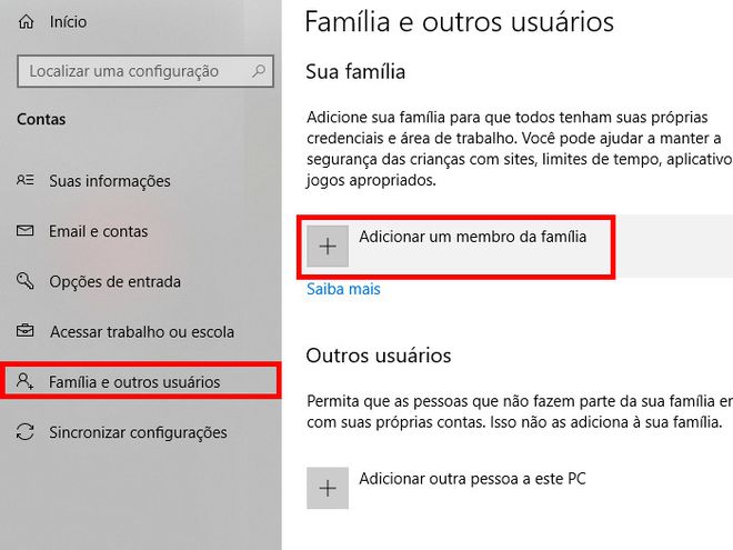 No menu lateral, clique em "Família e outros usuários" e, em seguida, clique em "Adicionar um membro da família" (Captura de tela: Matheus Bigogno)