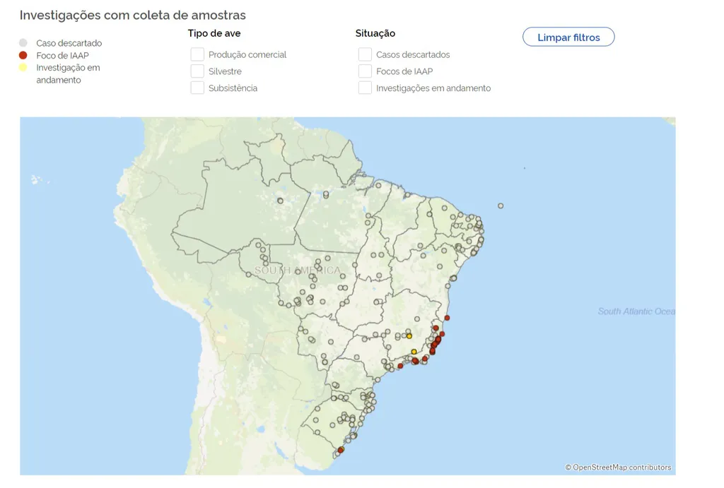 Brasil lança mapa interativo para acompanhamento dos casos de gripe aviária H5N1 (Imagem: Reprodução/Mapa)