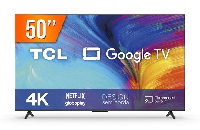 As 5 melhores TVs custo-benefício para presentear no Dia dos Pais 9 Smart TV TCL 50P635 de 50 polegadas com Google TV, exibindo padrões coloridos e vibrantes na tela, destacando seu design sem bordas e recursos como resolução 4K e Chromecast integrado