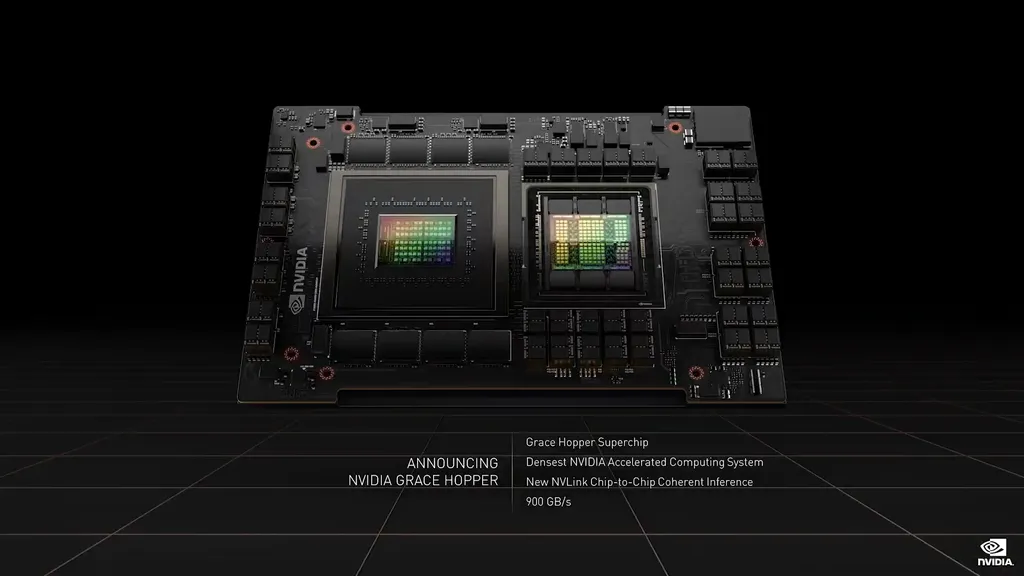 O Nvidia Grace Hopper une uma CPU Grace com uma GPU H100 em um único pacote, utilizando a nova conexão NVLink C2C (Imagem: Nvidia)