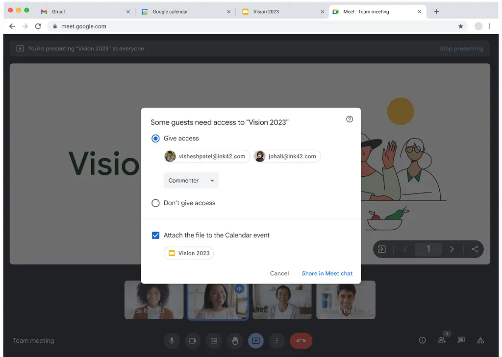 Ao compartilhar um link para documento no Drive, o Google Meet exibirá o menu para ajustar as preferências de privacidade (Imagem: Reprodução/Microsoft)