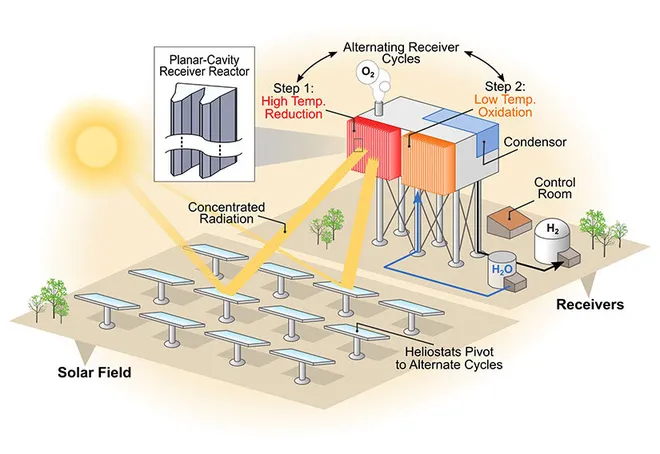 Plataforma conceitual de produção de hidrogênio termoquímico solar (Imagem: Reprodução/NREL)