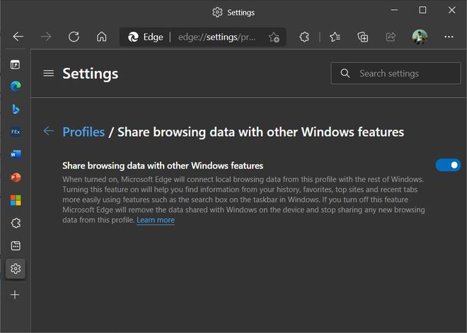 Opção de perfil para compartilhar dados de navegação com o Windows 10 (Imagem: Reprodução/Windows Latest)