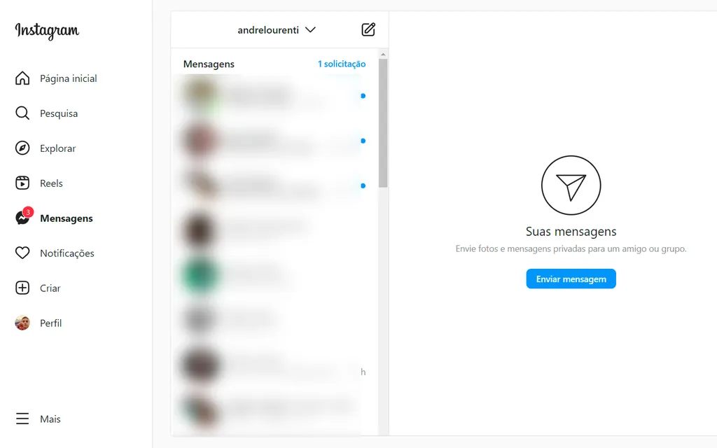 Use o menu lateral para acessar e responder mensagens no Instagram (Imagem: Captura de tela/André Magalhães/Canaltech)