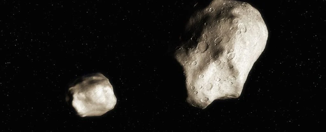 Representação do par de asteroides logo após a separação do objeto original; ao longo do tempo, eles vão ficar ainda mais distantes entre si (Imagem: Reprodução/Berkeley/SETI Institute)