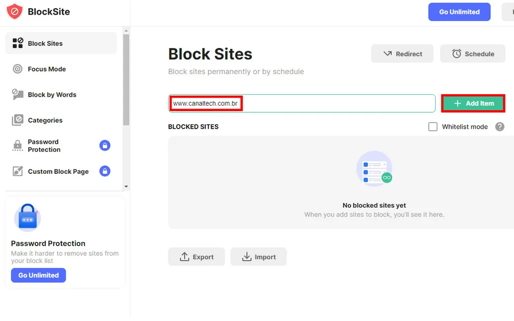 Acesse a aba de "Configurações" da extensão para adicionar e gerenciar todos os sites que você quer bloquear (Captura de tela: Matheus Bigogno)