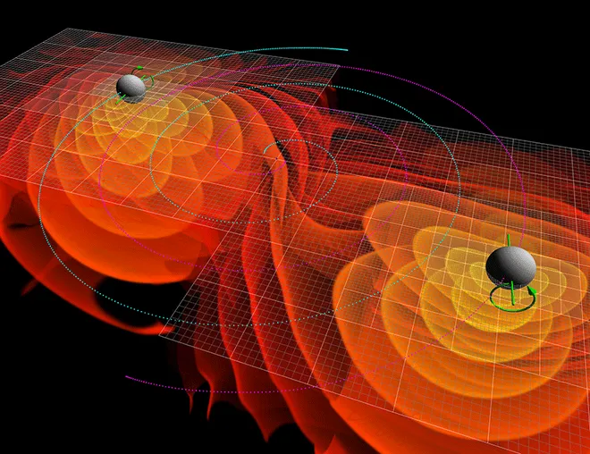 Ilustração de ondas gravitacionais geradas por dois objetos massivos em órbita espiral, destinados a se chocarem (Imagem: Reprodução/C. Henze/NASA Ames Research Center)